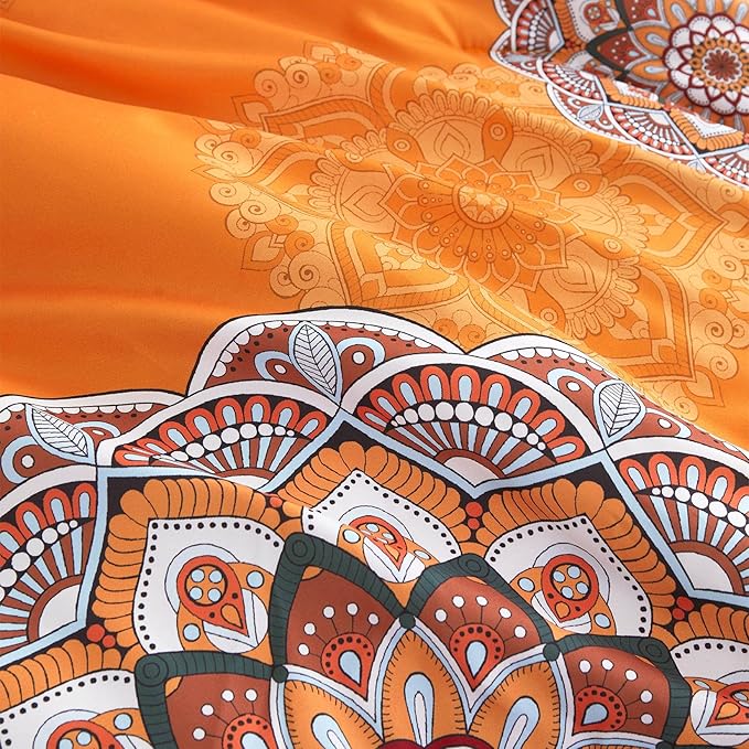 Wake In Cloud - Bohemian Comforter Set, Boho Chic Ornate Floral Elements Pattern Printed for Men Women, Soft Lightweight Bedding, 3 Pieces, Orange Navy, Queen Size