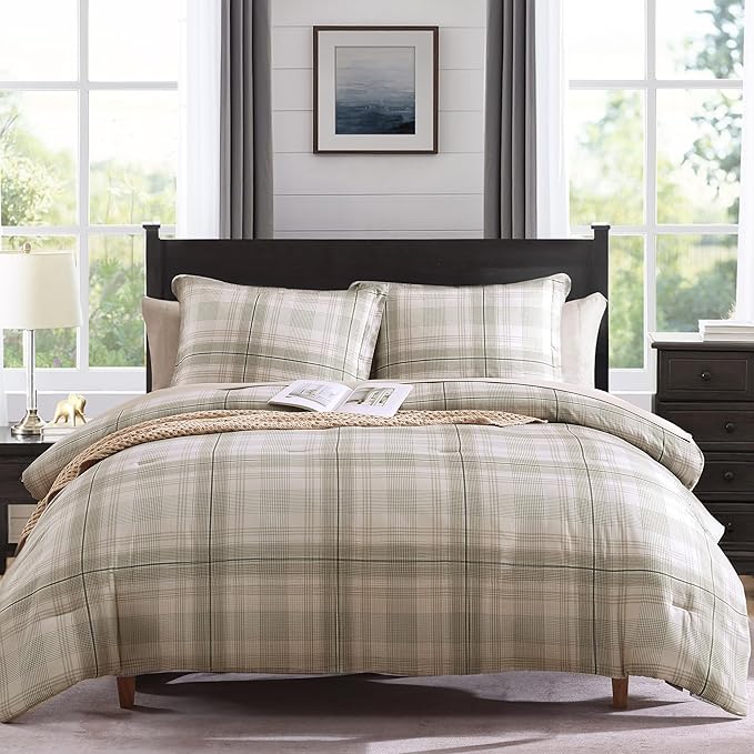 MaiRêve Plaid Full Comforter Sets, Khaki Green Grid Farmhouse Bedding Set Bed in A Bag, Classic Checkered Comforter Sets with Fitted & Flat Sheet, Pillowcases & Shams 80"x90"