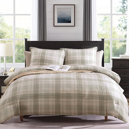 MaiRêve Plaid Twin XL Comforter Set, Khaki Green Grid Bedding Set for Boys & Girls, Classic Checkered Bed in A Bag Comforter Sets with Fitted & Flat Sheet, Pillowcase & Sham 66"x90"