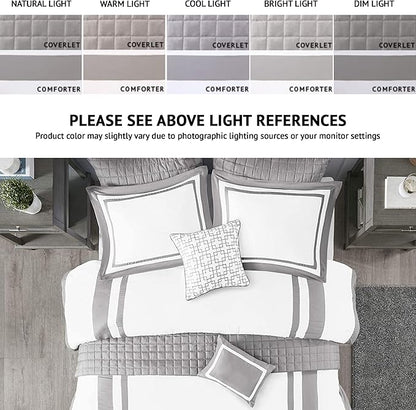 Madison Park Heritage Comforter Quilt Combo Set - Modern Luxury Design, All Season Down Alternative Bedding, Matching Shams, Decorative Pillows, King/Cal King(104"x92"), Color Block Grey 8 Piece