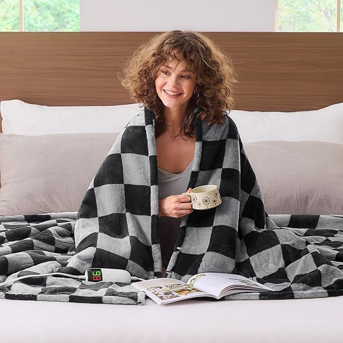 Heated Electric Blanket Twin Size, 62X84 Heating Blanket with 10 Heat Level & 8 Hours Auto Off, Black Gray Checkered Plaid Soft Fleece Sherpa Blankets Warmer Gifts for Couch Grandma Women Adults