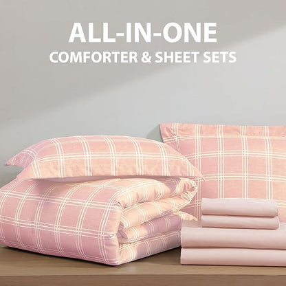Cathay Home Basic Bedding Home Essential Ultra Soft Lightweight 5PC Wrinkle Resistant Microfiber Bed in a Bag Set (Includes Complete Sheet Set & Comforter Set) - Pink Plaid, Twin