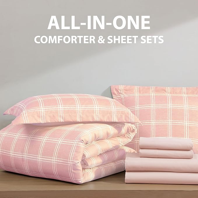 Cathay Home Basic Bedding Home Essential Ultra Soft Lightweight 7PC Wrinkle Resistant Microfiber Bed in a Bag Set (Includes Complete Sheet Set & Comforter Set) - Pink Plaid, Full