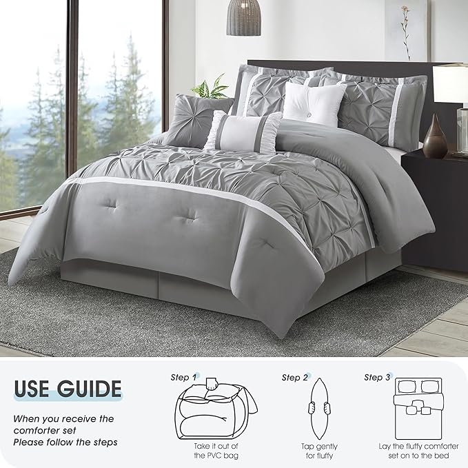 Grey Comforter Set, King, 7 Piece Bed in a Bag, Microfiber Handcrafted Pintucking, All Season Bedding Set with Comforter, Bedskirt, Pillow Shams and Decro Pillows