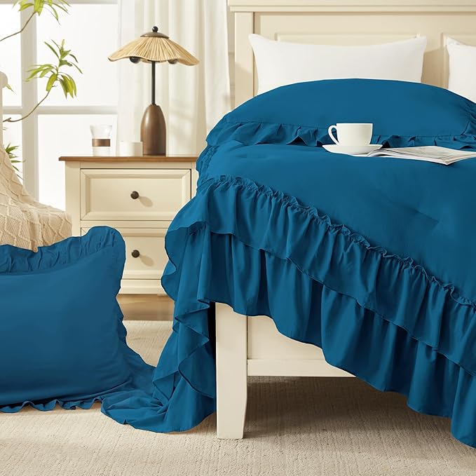 Andency Teal California King Comforter Set (104x96Inch), 3 Pieces Farmhouse Shabby Chic Ruffle Bedding Sets, Lightweight Fluffy Soft All Season Bed Set