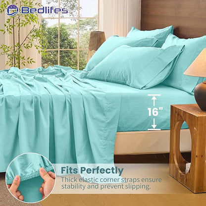 Bedlifes 100% French Pure Linen Sheets California King Size Breathable and Cooling Flax Sheet Set Soft Durable and Moisture Wicking 16 Inch Deep Pocket-4 Piece(Cal King,Teal)