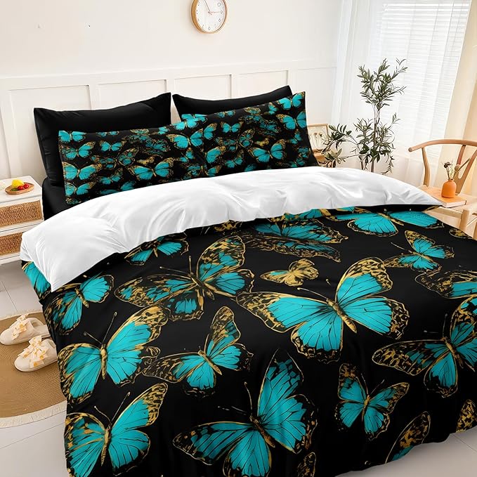 Black Gold Bedroom Comforter Set Teal Aqua Bedding Sets King Size Blue Butterfly Boho Chic Comforter Super Soft Cozy Black Bed in A Bag