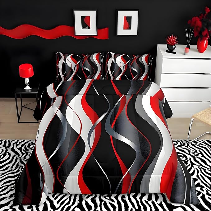Feelyou Red Grey Black Comforter Set Geometric Spiral Duvet Set for Kids Boys Girl Modern Abstract Bedding Set Grey White Comforter 1 Comforter Set with 2 Pillowcases King Size Boys