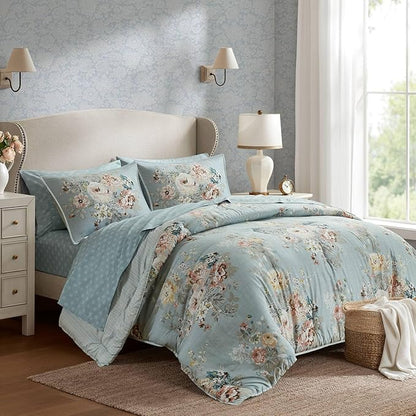 Madison Park Essentials Floral Comforter Set Twin XL Size, Vintage Flower Bedding Set with Sheet Set, 5 Pieces Bed in a Bag with Reversible Botanical Comforter, Pillowcases & Shams, Heather, Soft Blue