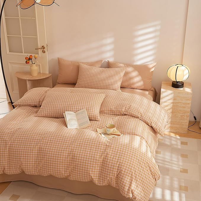 HighBuy Orange Gingham Comforter Set Queen Size Boho Plaid Checkered Pattern Comforter Geometric Grid Printed Bedding Comforter Set with 2 Pillowcases Fluffy Soft Gingham Bedding Set