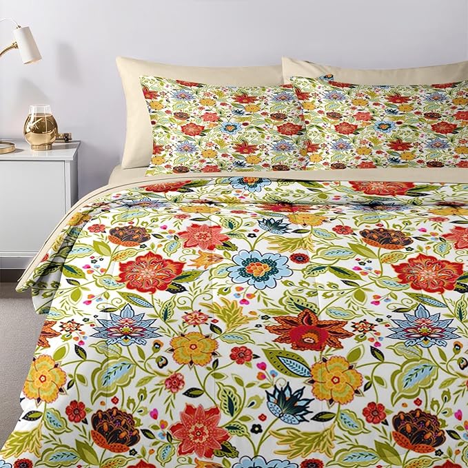 Nesker 5 Pcs Spring Comforter Set Twin Size, Floral Boho Bedding Set for Kids and Adults, Vibrant Leaves Bed Sheet Sets with Fitted Sheet Pillowcase & Sham