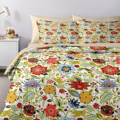 Nesker 5 Pcs Spring Comforter Set Twin Size, Floral Boho Bedding Set for Kids and Adults, Vibrant Leaves Bed Sheet Sets with Fitted Sheet Pillowcase & Sham