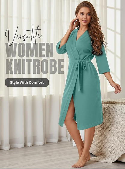 NY Threads Women's Robe Long Knit Bathrobe 3/4 Sleeves Soft Kimono Lightweight Loungewear