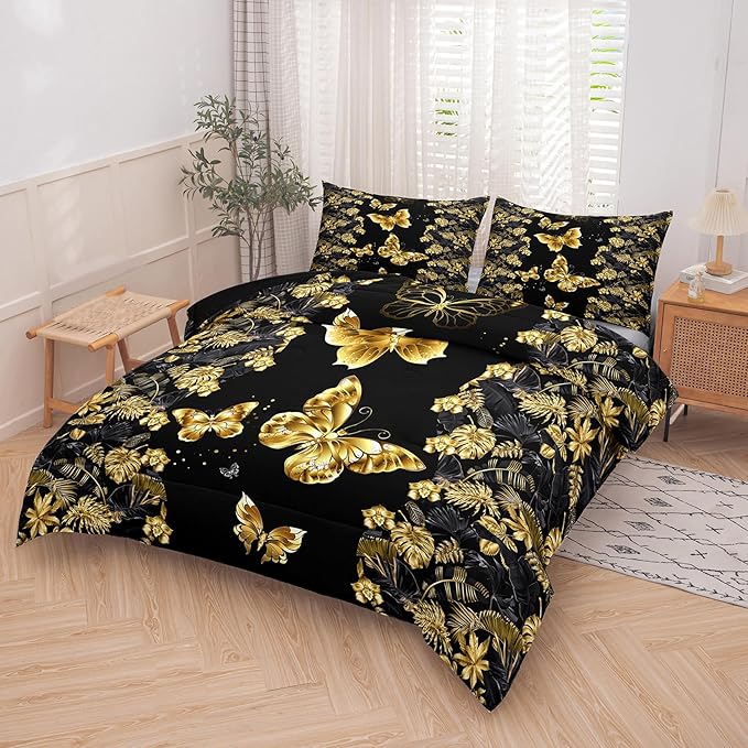 Tailor Shop Black and Gold Comforter Set Twin Size for Girls Kids Boys Women,Butterfly Bedding Gold Butterflies Bed Sets with 1 Pillowcases…