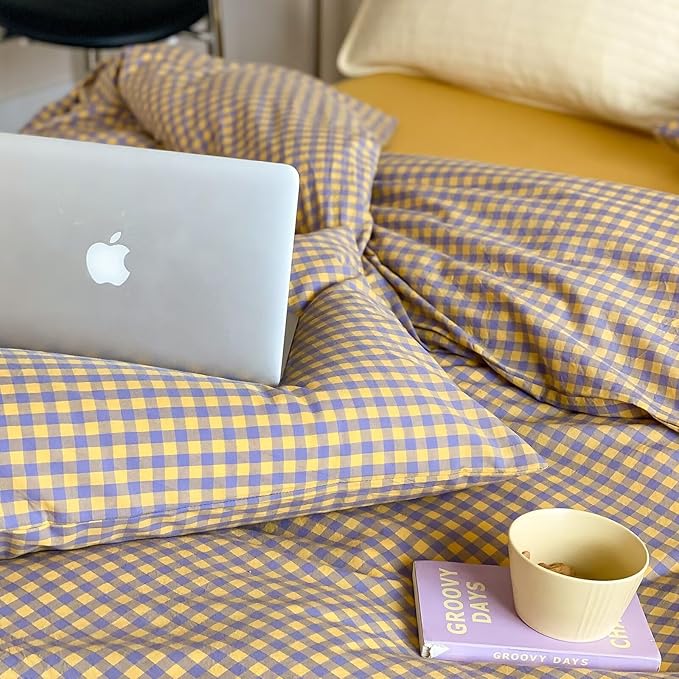 mixinni Yellow/Purple Gingham Comforter Set Queen, Plaid Comforter Set 3 Pieces 1 Vintage Grid Comfoter with 2 Pillow Cases for All Seasons, Soft Fluffy Modern Grid Pattern Printed Bedding-Queen Size