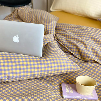 mixinni Yellow/Purple Gingham Comforter Set Full, Plaid Comforter Set 3 Pieces 1 Vintage Grid Comfoter with 2 Pillow Cases for All Seasons, Soft Fluffy Modern Grid Pattern Printed Bedding-Full Size