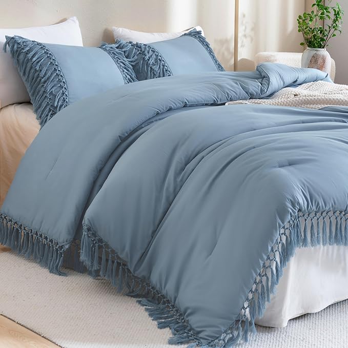 Andency Grayish Blue Full Size Comforter Set, 3 Pieces Boho Tassel Lightweight Soft Bedding Comforter Sets, All Season Fluffy Fringe Bed Set (79x90In Comforter & 2 Pillowcases)