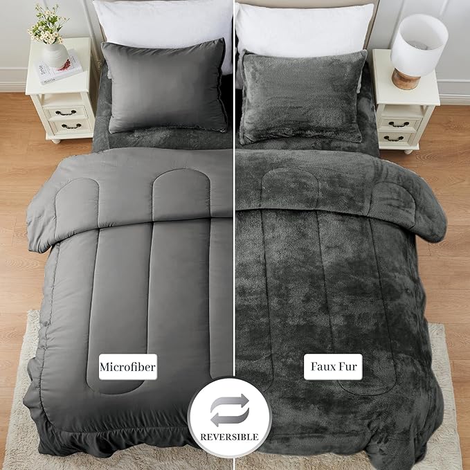 YIYEA Faux Fur Comforter Set Queen Size with Fitted Sheet, Luxury Ultra Soft Fuzzy Comforter, Fluffy Plush Velvet Bedding Comforter Sets for Fall Winter, Cozy Warmth, No Shedding, 4PC, Grey