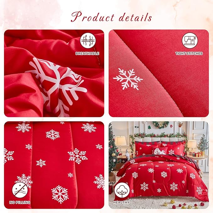 Tititada Christmas Bed in a Bag 6 Pcs Twin Size, White Snowflake on Red Holiday Bedding Comforter Set Warm for Winter(1 Comforter, 1 Flat Sheet, 1 Fitted Sheet, 2 Pillow Shams, 1 Pillowcase)