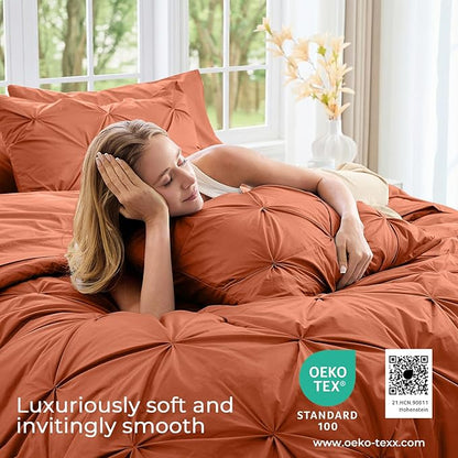 Sasttie Twin Comforter Set, 5-Piece Bed in a Bag, Pintuck Bedding Sets for All Season, Includes Comforter, Flat Sheet, Fitted Sheet, Pillowcase and Pillowsham, Burnt Orange