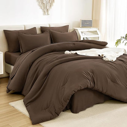 Litanika Queen Comforter Set Brown - 7 Pieces Bed in a Bag Queen Bedding Comforter Sets, Solid Lightweight Bed Set with Comforter, Sheets, Pillowcases & Shams