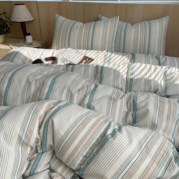 HighBuy Striped Comforter Set Twin XL - 100% Washed Cotton Grey Green Stripes Comforter with 2 Pillowcases,Pinstripe Stripes Printed Bedding Set Fluffy Soft,3 Pieces Comforter Sets All Season