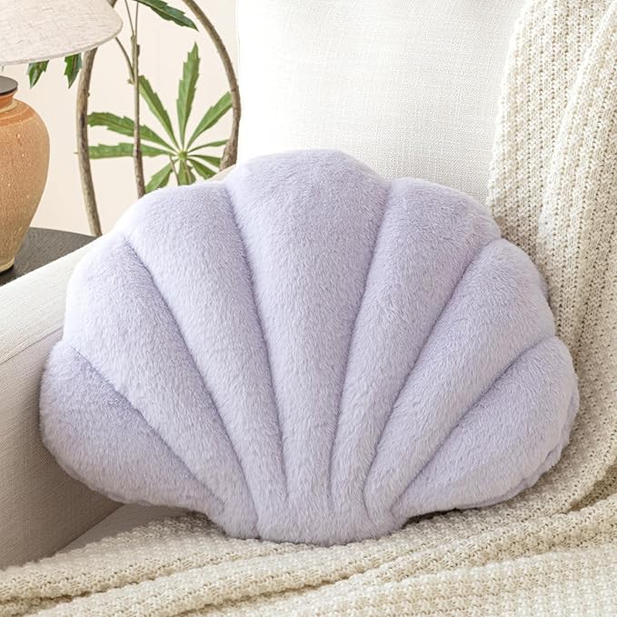 Shell Pillow, Seashell Throw Pillow with Soft Rabbit Plush for Couch Bed, Shell Shaped Decorative Ocean Pillow Stylish Beach Cushion Room Aesthetic Home Decor
