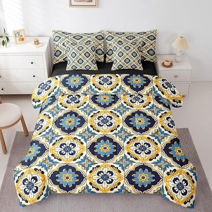 Erosebridal Oriental Bedding Twin Size 7pcs Vintage Comforter Set, Art Deco Patchwork Bedding Comforter Sets Colorful Buffalo Bed in a Bag, Geometric Plaid Grid Bedding Accessories Exotic Style Decor