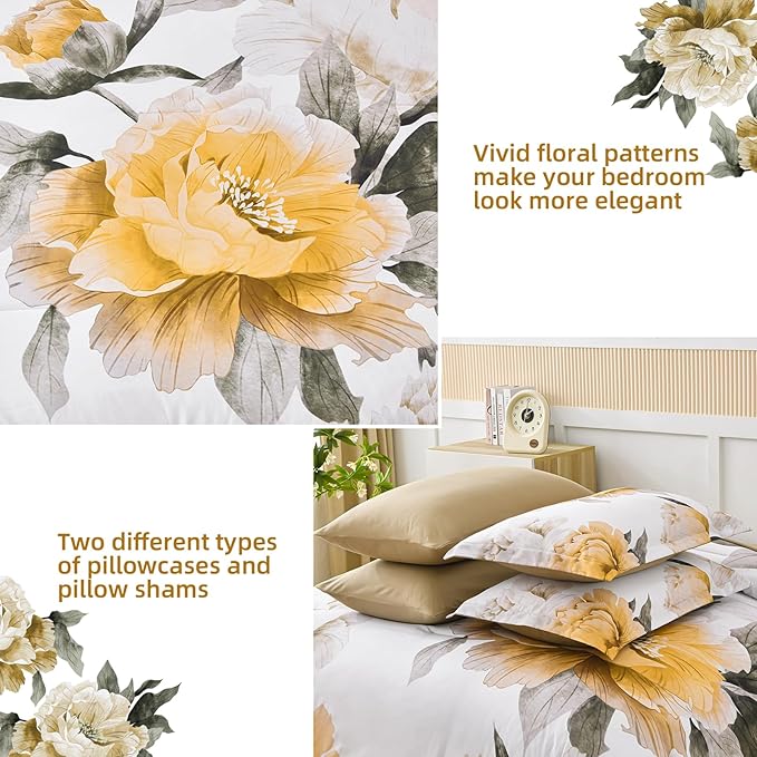 Dobuyly Yellow King Size Comforter Set 7 Piece Bed in a Bag, Yellow Floral Comforter Set with Sheets, Soft Microfiber Botanical Complete Bedding Set for All Season