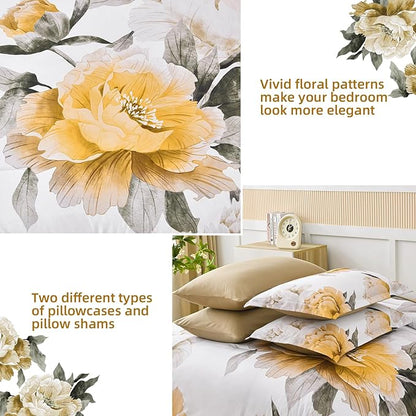 Dobuyly Yellow King Size Comforter Set 7 Piece Bed in a Bag, Yellow Floral Comforter Set with Sheets, Soft Microfiber Botanical Complete Bedding Set for All Season