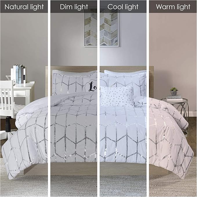 Intelligent Design Raina Full/Queen Comforter Set, Soft Microfiber, Modern Geometric Metallic Bed Set, 5 Pieces College Bedding with 2 Shams, 2 Toss Pillows White/Silver