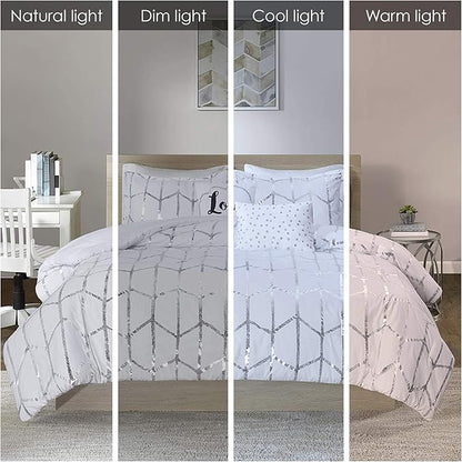 Intelligent Design Raina Full/Queen Comforter Set, Soft Microfiber, Modern Geometric Metallic Bed Set, 5 Pieces College Bedding with 2 Shams, 2 Toss Pillows White/Silver