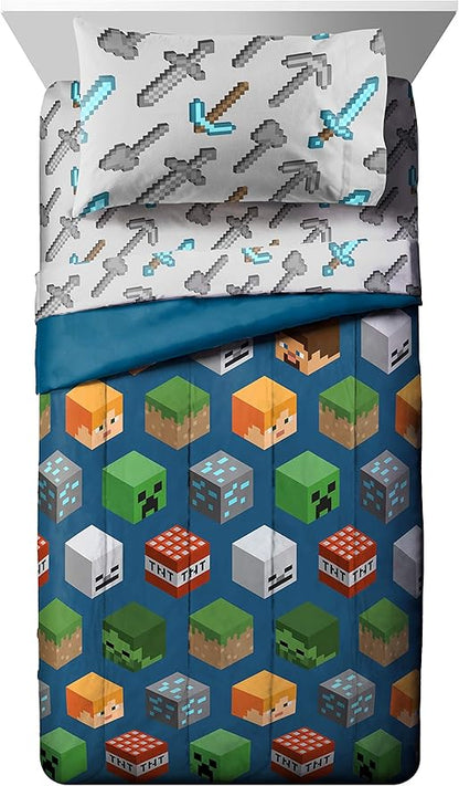 Jay Franco Minecraft Isometric 4 Piece Twin Bed Set - Includes Comforter & Sheet Set - Bedding Features Creeper - Super Soft Fade Resistant Polyester - (Official Minecraft Product)