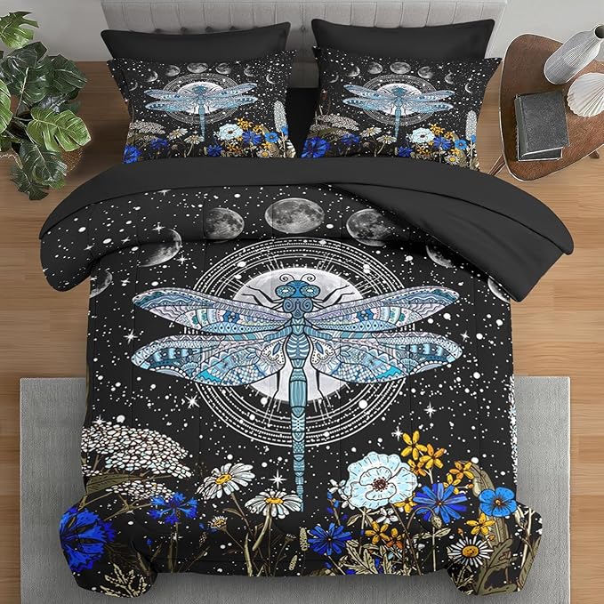 Comforter Set King Size, Dragonfly Flower Plant Bedding for Kids and Adults, Sun Moon Vintage Black Gold Bed Sheet Sets with Fitted Sheet 2 Pillowcases & 2 Shams for Bedroom Bed Decor