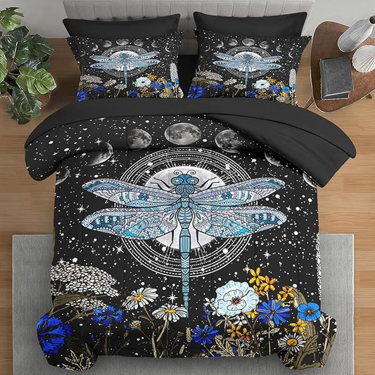 Comforter Set Full Size, Dragonfly Flower Plant Bedding for Kids and Adults, Sun Moon Vintage Black Gold Bed Sheet Sets with Fitted Sheet 2 Pillowcases & 2 Shams for Bedroom Bed Decor