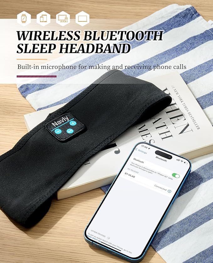 Navly Sleep Headphones Bluetooth Headband, Wireless Headband Headsets with Thin Speakers, Sleep Earbuds, Sleeping Headphones for Workout Running Yoga Sports Gift for Men Women