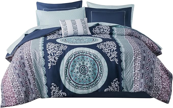 Intelligent Design Complete Bed In A Bag Casual Boho Comforter with Sheet Set Decorative Pillow, All Season Bedding Set, Twin, Loretta Navy 7 Piece