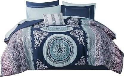 Intelligent Design Complete Bed In A Bag Casual Boho Comforter with Sheet Set Decorative Pillow, All Season Bedding Set, Twin, Loretta Navy 7 Piece