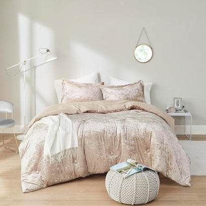 Comfort Spaces Luxe Velvet Comforter Set for Twin/Twin XL Size Bed, Microfiber Reverse, Juliette, All Season Bedding, Fluffy Sham, Champagne 2 Piece
