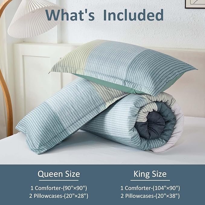 WONGS BEDDING Comforter Set King Size, Blue Striped Patchwork Comforter for King Bed,3 Pieces (1 Comforter+2 Pillowcases) Soft Microfiber Bedding Set for All Season (104"x90")