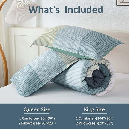 WONGS BEDDING Comforter Set King Size, Blue Striped Patchwork Comforter for King Bed,3 Pieces (1 Comforter+2 Pillowcases) Soft Microfiber Bedding Set for All Season (104"x90")
