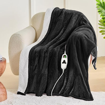 greenoak Heated Blanket Electric Twin 62"X84", Heating Blanket with 10 Heat Levels 1/2/4/6/8 Hours Auto-Off, Soft Flannel Sherpa Warm Heater Christmas Blanket, Lacquered Black