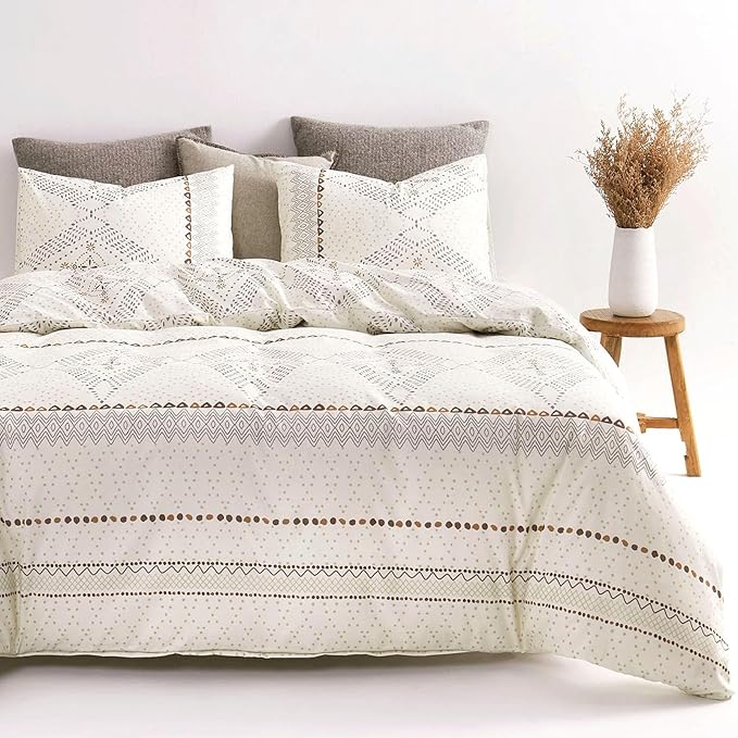 Wake In Cloud - Boho Comforter Set, Farmhouse Bohemian Western Aztec Neutral Aesthetic, Soft Lightweight Bedding, 3 Pieces, Beige, King Size