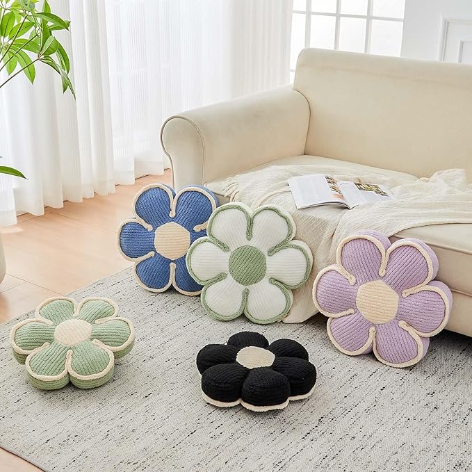 Flower Pillow, Soft Flower Decorative Throw Pillow, Cute Daisy Flower Shaped Seating Floor Cushion Room Décor Plush Pillows for Sofa Couch Bed (13.7 Inch, Black)