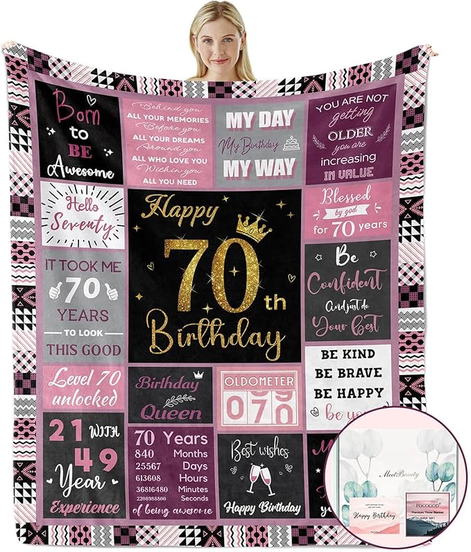 70 Birthday Gifts for Women, 70th Birthday Blanket with Gift Box for Women, Gifts for A 70th Birthday, Happy 70th Birthday Decorations Gift Ideas for Her, 70th Birthday Gifts Throw Blanket 60"x50"