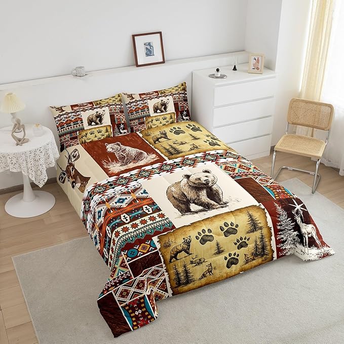 Erosebridal Rustic Cabin Comforter Set Boho Aztec Quilt,Woodland Animals Bear Moose Elk Deer Bedding Sets Twin,Tribal Geometric Diamond Duvet Insert Vintage Country Cottage Farmhouse Decor