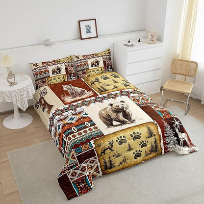 Erosebridal Rustic Cabin Comforter Set Bohemian Aztec Quilt,Woodland Animals Bear Moose Elk Deer Bedding Sets King,Indian Tribal Geometric Diamond Duvet Insert Retro Western Home Decor