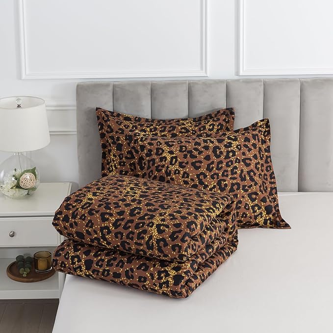Caressma Safari Leopard Cheetah Print Brown Comforter Set, Full Size 3 Pieces for All Seasons, Untamed Wilderness Style Comforter with Pillowshams, Ultra Soft Microfiber