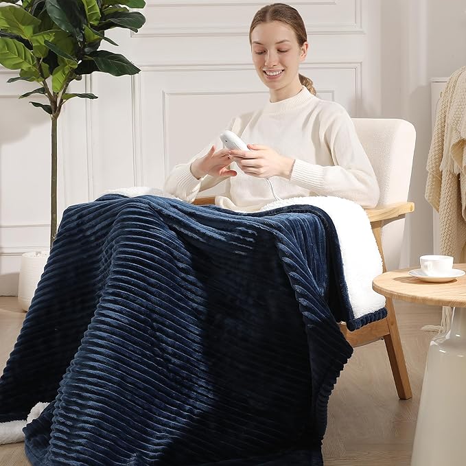 Electric Throw Heated Throw 50''x60'', Striped Flannel & Thicker Sherpa, 5 Heat Settings & 4 Hour Auto Off with FCC/ETL Certified, Overheat Protection & Machine Washable, Great Gift, Navy Blue