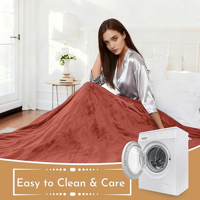 Electric Heated Blanket 84"x90" Queen Size Flannel Heated Blanket, Cozy & Warm for All Night, 5 Heat Settings & 10 Hours Auto Off, Machine Washable, Brick Red